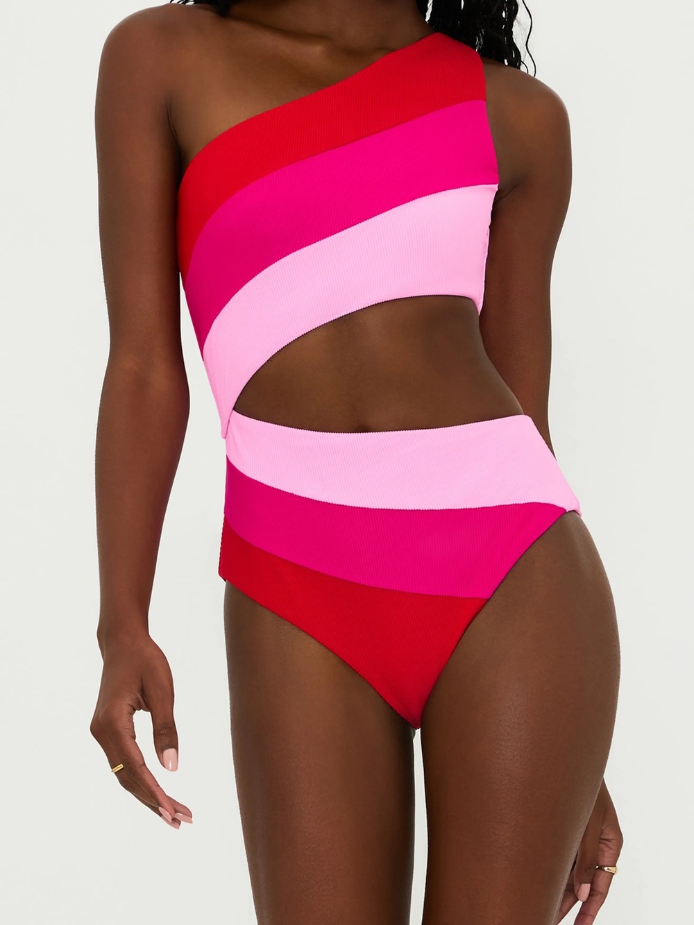 55. Beach riot • NWOT Joyce One-Shoulder Cutout Swimsuit in Red and Pink Stripes